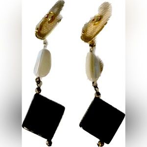 Vintage wood and pearl, clip on dangle earrings